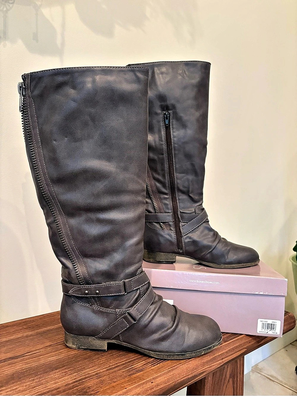 BAKERS Grey Zerohour Slouchy Knee High Back Zip Moto Riding Boots Size 7.5